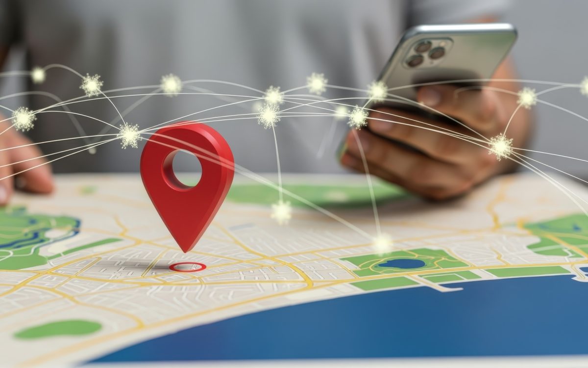 Person using a smartphone map with a local business location pin