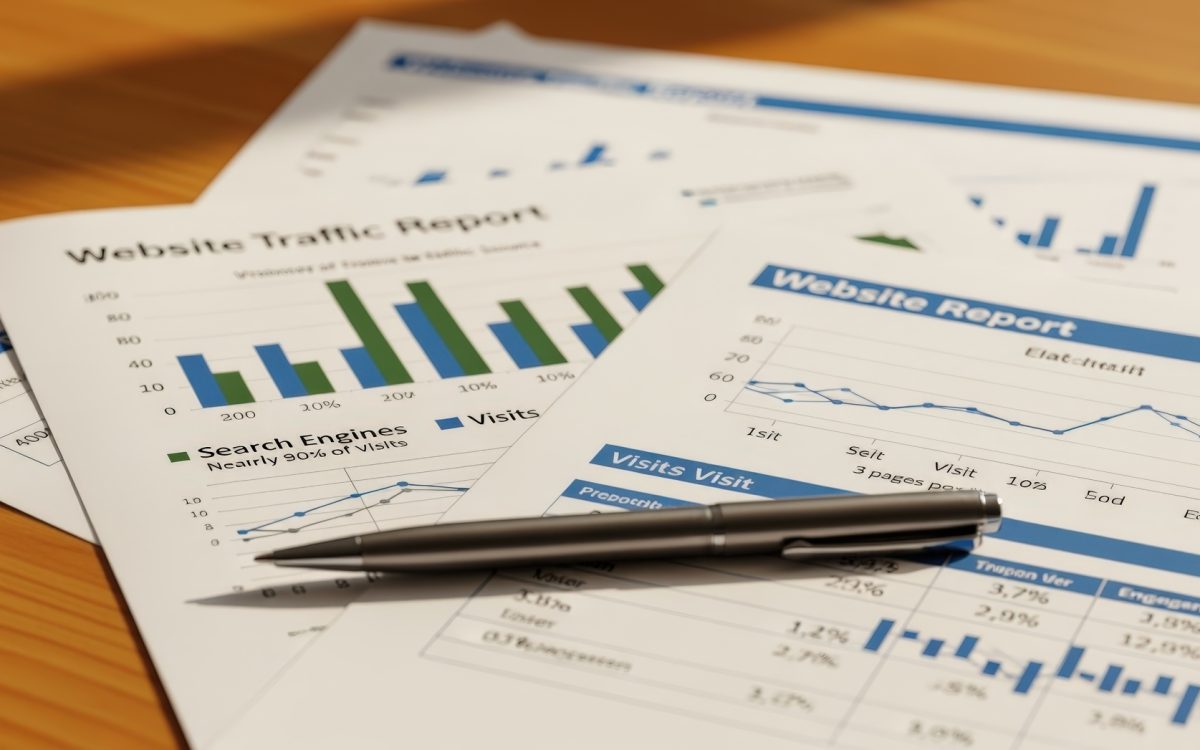 Website traffic analytics report with charts on a desk